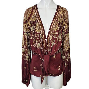 Free People Run Free Blouse Tie Front Buttons Size Small Lantern Sleeve Printed